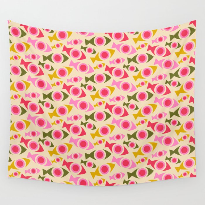 Geometric Fish Pattern - Red, Pink, Yellow, Olive Wall Tapestry Gallery Image 4