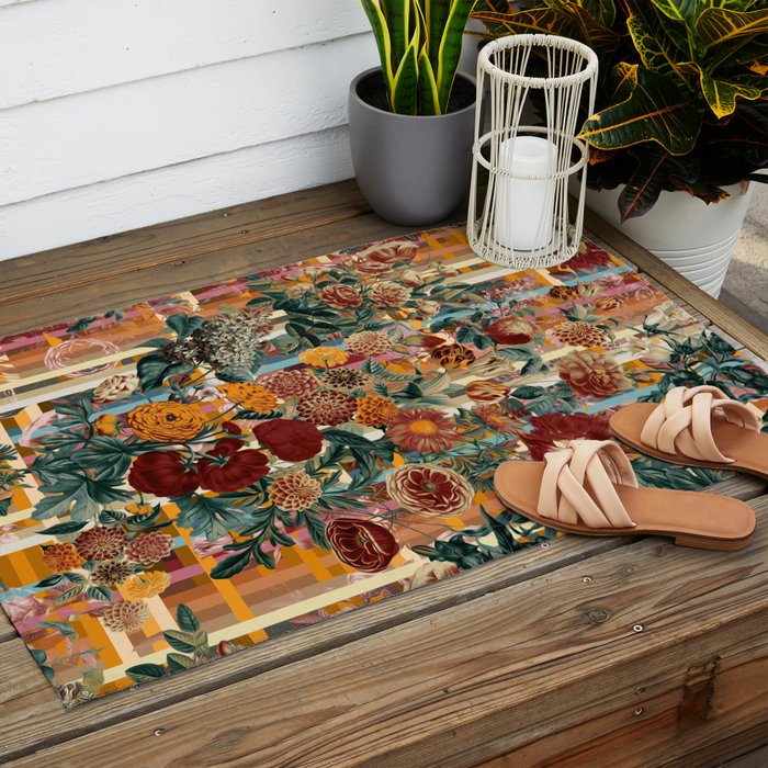 Floral and Tartan Pattern Outdoor Rug Gallery Image 2
