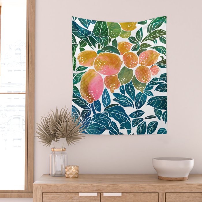Lemons | Watercolor Modern Boho Botanical Painting | Pastel Summer Jungle Garden Juicy Fresh Wall Tapestry Gallery Image 2