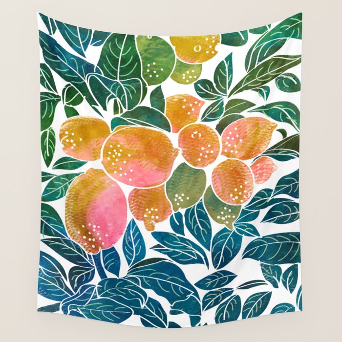 Lemons | Watercolor Modern Boho Botanical Painting | Pastel Summer Jungle Garden Juicy Fresh Wall Tapestry Gallery Image 4