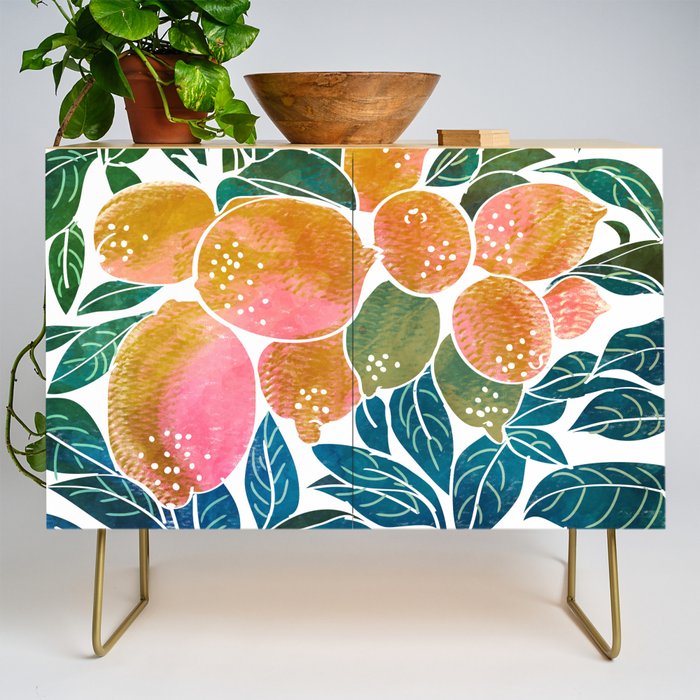 Lemons | Watercolor Modern Boho Botanical Painting | Pastel Summer Jungle Garden Juicy Fresh Credenza Gallery Image 1