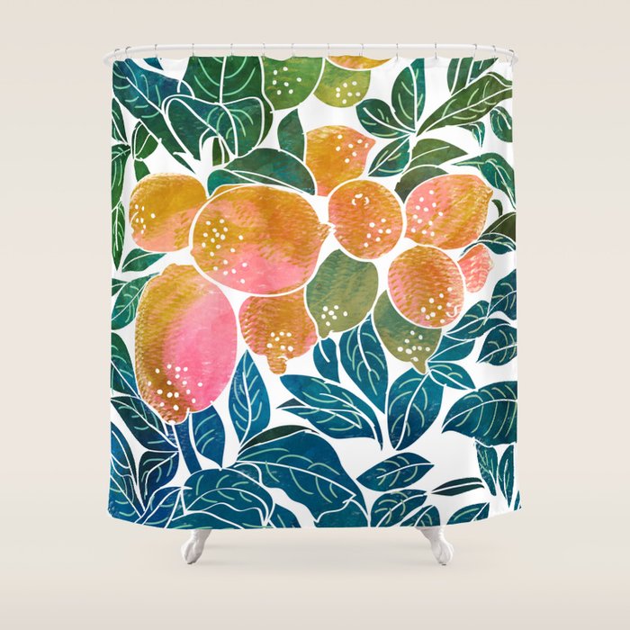 Lemons | Watercolor Modern Boho Botanical Painting | Pastel Summer Jungle Garden Juicy Fresh Shower Curtain Gallery Image 1