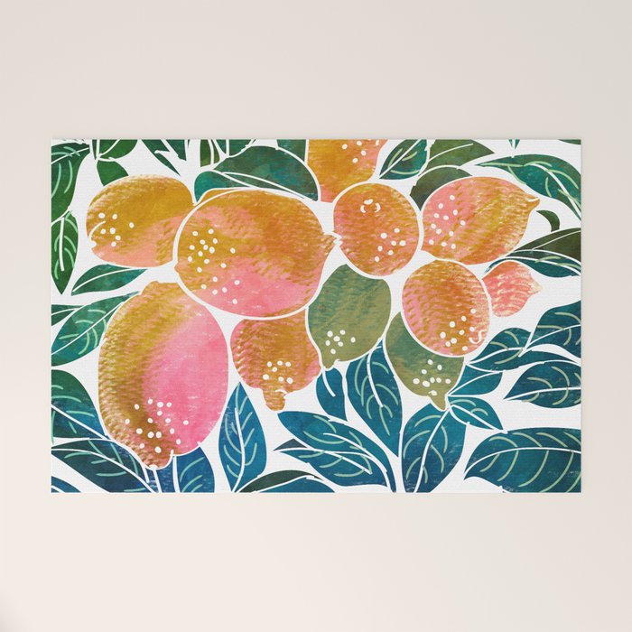 Lemons | Watercolor Modern Boho Botanical Painting | Pastel Summer Jungle Garden Juicy Fresh Welcome Mat Gallery Image 1