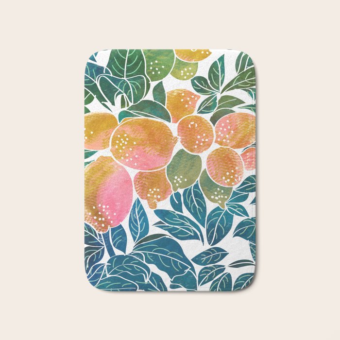 Lemons | Watercolor Modern Boho Botanical Painting | Pastel Summer Jungle Garden Juicy Fresh Bath Mat Gallery Image 1