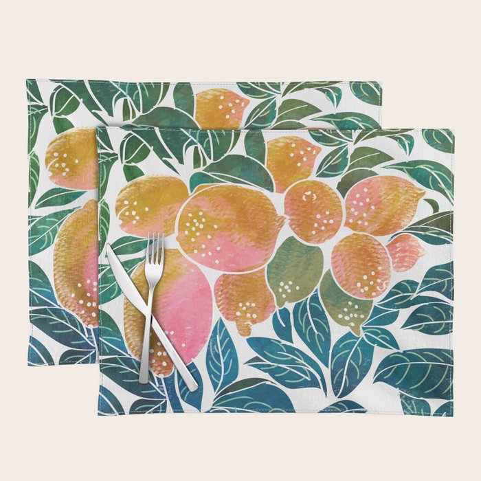 Lemons | Watercolor Modern Boho Botanical Painting | Pastel Summer Jungle Garden Juicy Fresh Placemat Gallery Image 1