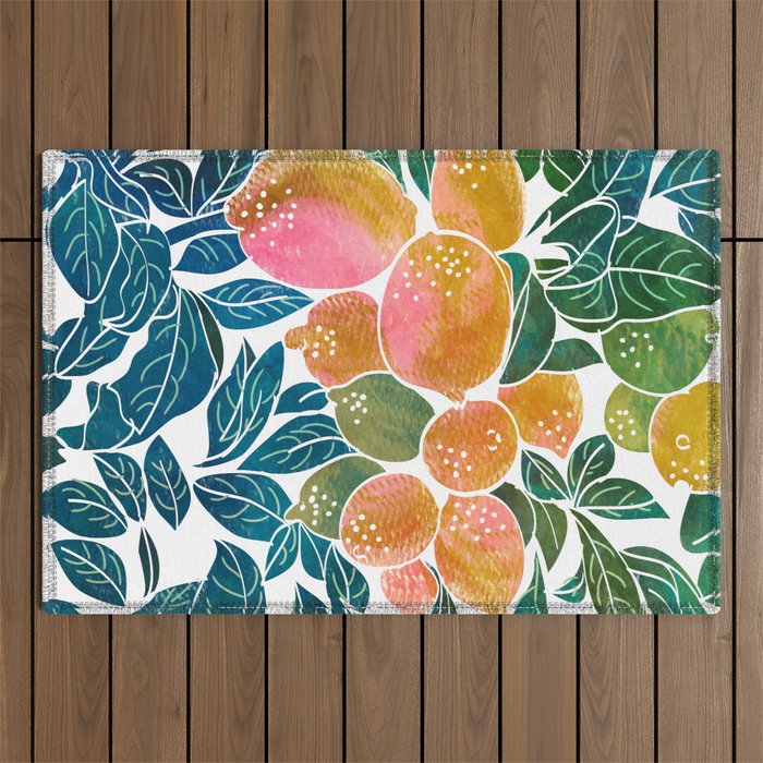 Lemons | Watercolor Modern Boho Botanical Painting | Pastel Summer Jungle Garden Juicy Fresh Outdoor Rug Gallery Image 1