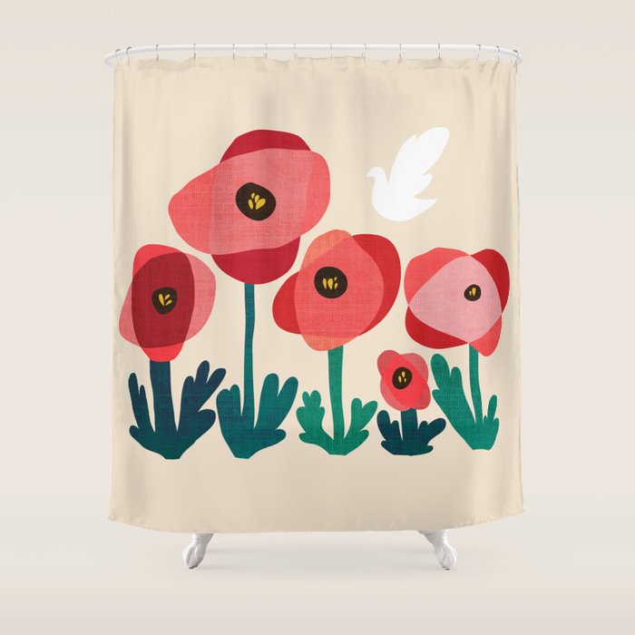 Poppy flowers and bird Shower Curtain Gallery Image 1