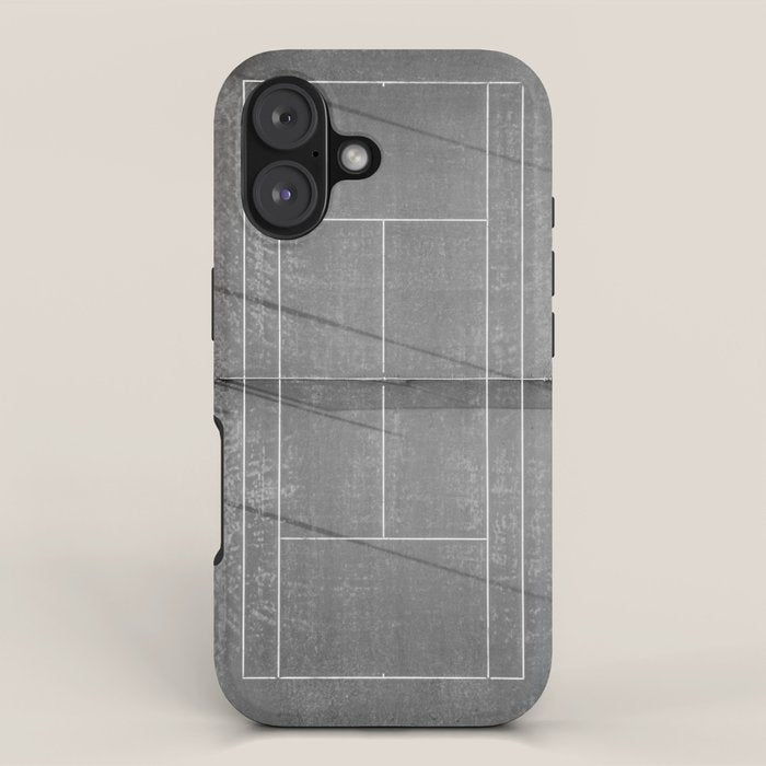 Grey tennis court at sunrise | Black and white drone aerial photography art | sports field print iPhone Case Gallery Image 1