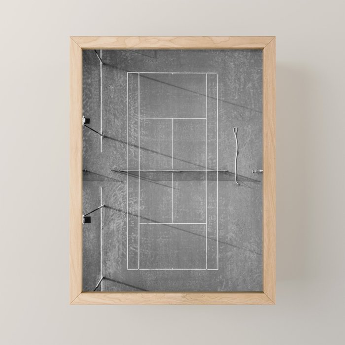 Grey tennis court at sunrise | Black and white drone aerial photography art | sports field print Mini Art Print Gallery Image 1