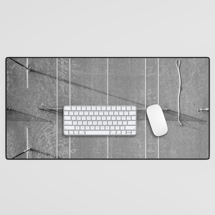 Grey tennis court at sunrise | Black and white drone aerial photography art | sports field print Desk Mat Gallery Image 1