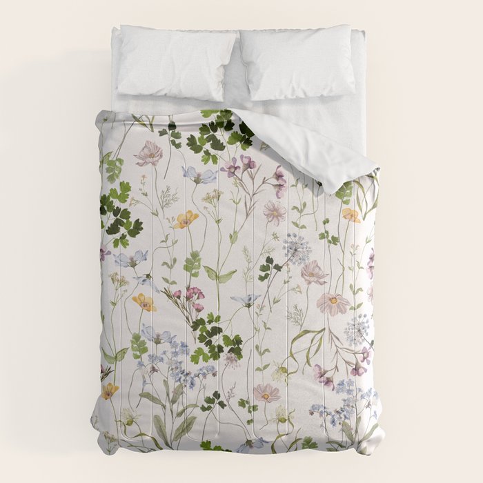 Hand Painted Watercolor Springflowers And Herbs Meadow  Comforter Gallery Image 1
