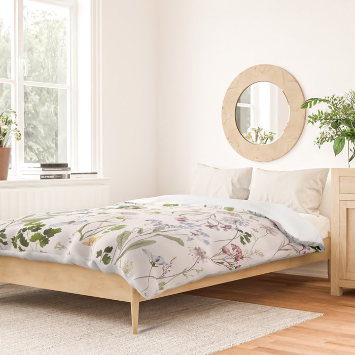 Hand Painted Watercolor Springflowers And Herbs Meadow  Duvet Cover Gallery Image 2