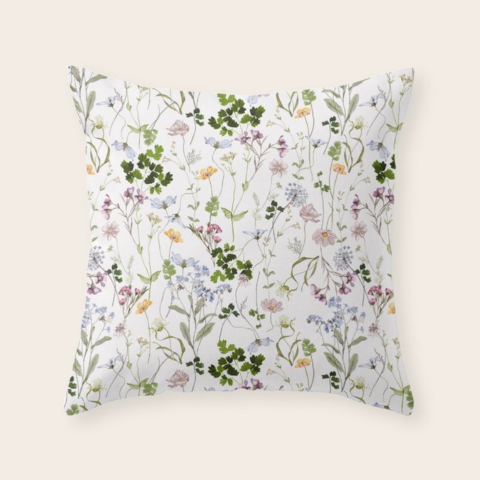 Hand Painted Watercolor Springflowers And Herbs Meadow  Throw Pillow Gallery Image 1