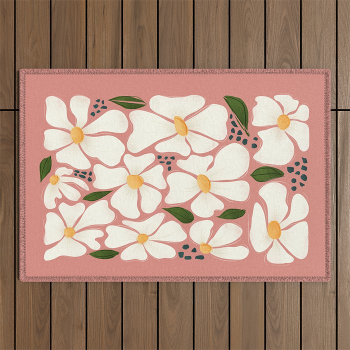 White Daisies On Pink Outdoor Rug Gallery Image 1