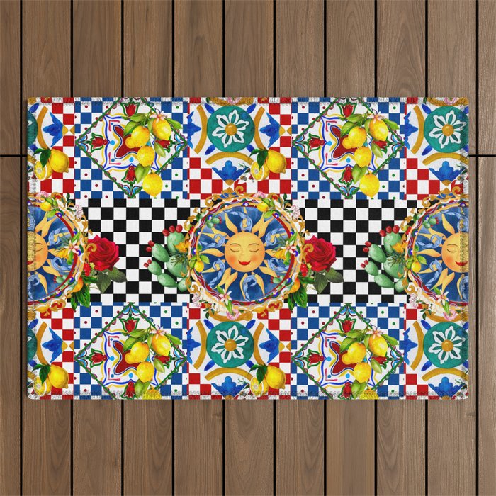 Sicilian sun,majolica,lemon,roses art Outdoor Rug Gallery Image 1