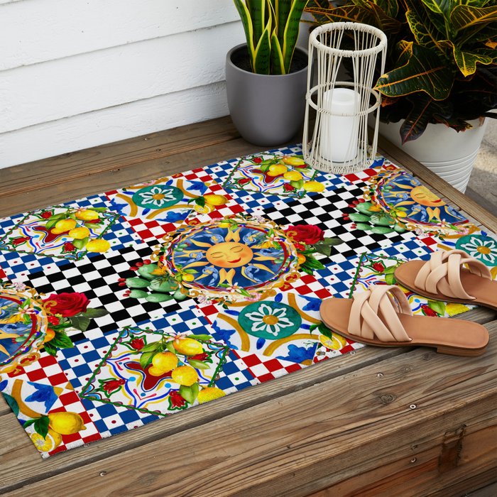 Sicilian sun,majolica,lemon,roses art Outdoor Rug Gallery Image 2