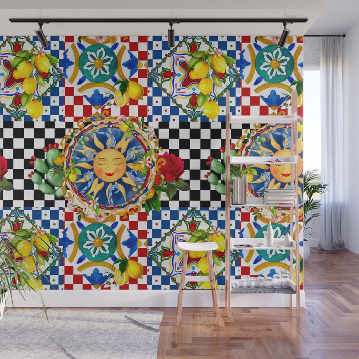 Sicilian sun,majolica,lemon,roses art Wall Mural Gallery Image 1