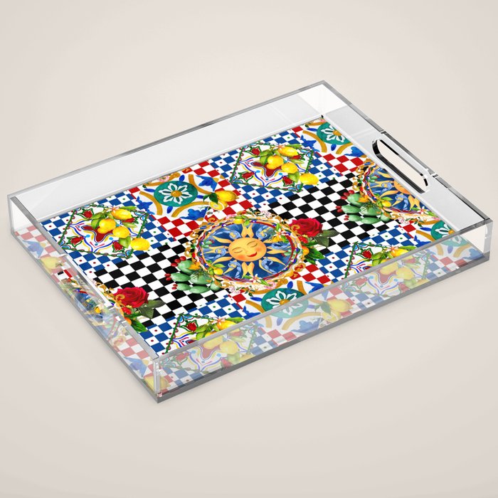 Sicilian sun,majolica,lemon,roses art Acrylic Tray Gallery Image 1