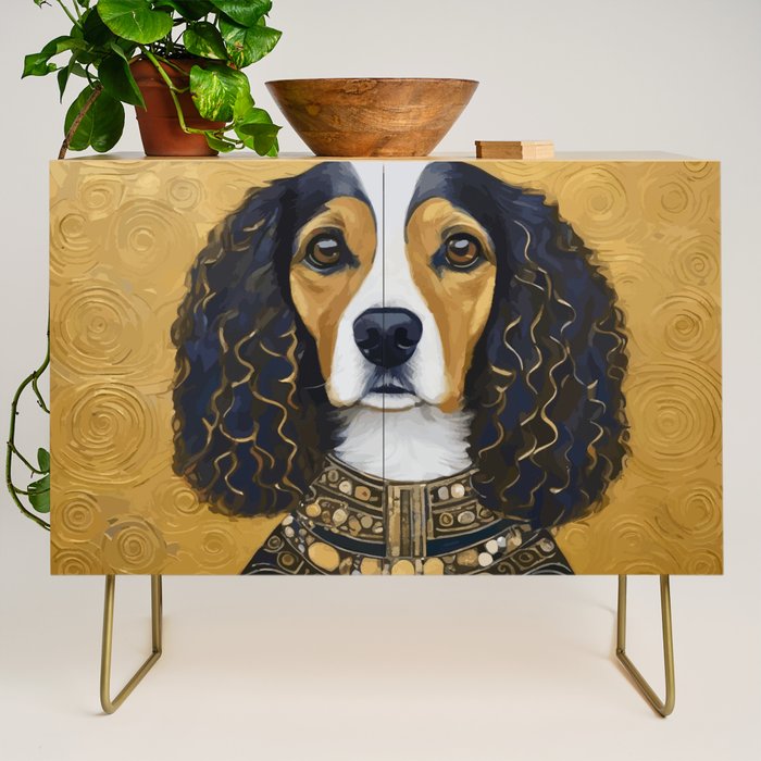 Gustav Klimt Style Beautiful Girl Dog with Black and Gold Jacket Credenza Gallery Image 1