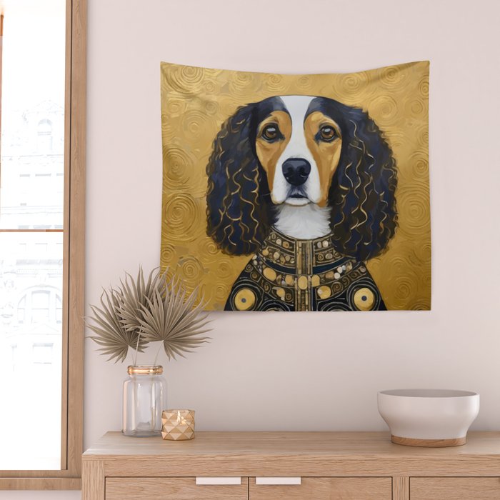 Gustav Klimt Style Beautiful Girl Dog with Black and Gold Jacket Wall Tapestry Gallery Image 2