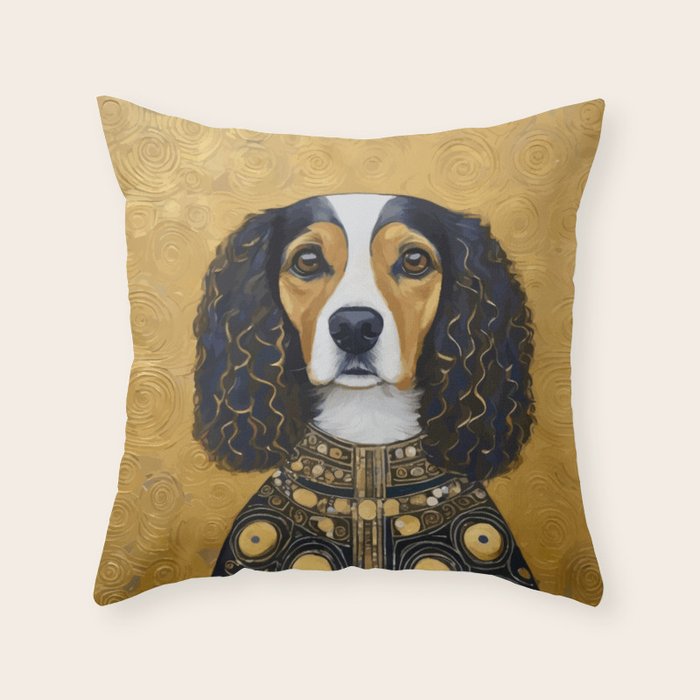 Gustav Klimt Style Beautiful Girl Dog with Black and Gold Jacket Throw Pillow Gallery Image 1