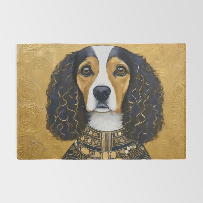 Gustav Klimt Style Beautiful Girl Dog with Black and Gold Jacket Rug Gallery Image 2