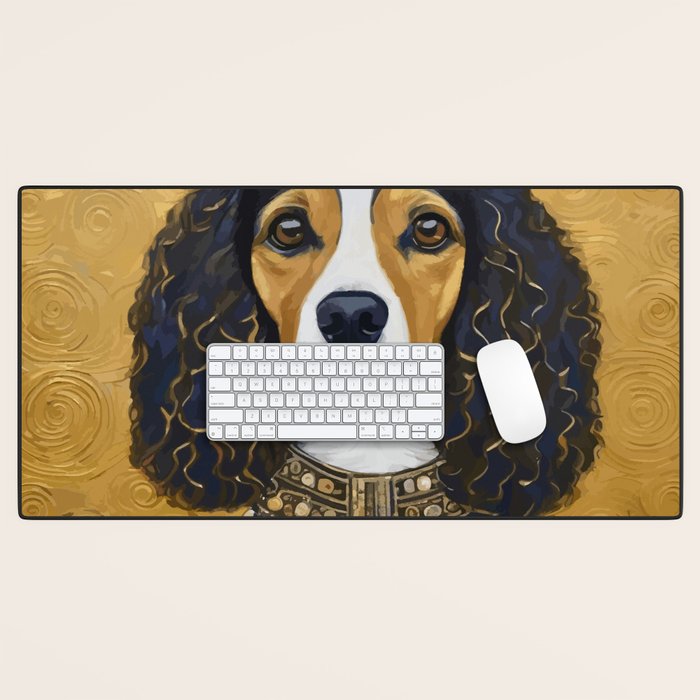 Gustav Klimt Style Beautiful Girl Dog with Black and Gold Jacket Desk Mat Gallery Image 1
