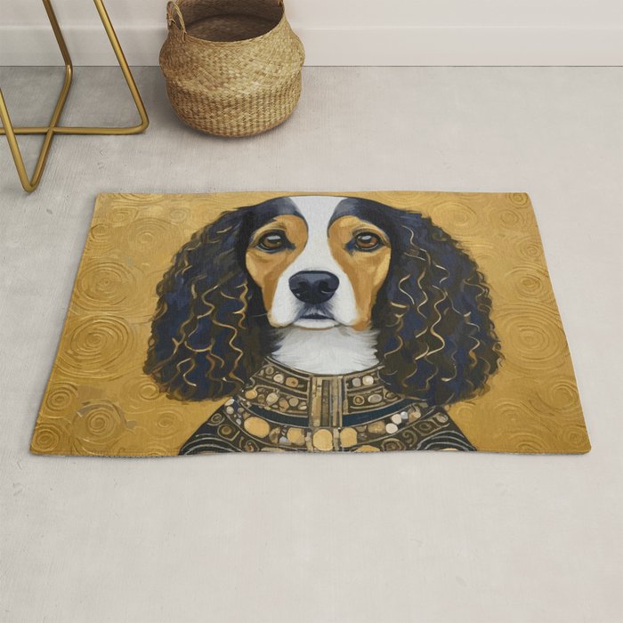 Gustav Klimt Style Beautiful Girl Dog with Black and Gold Jacket Rug Gallery Image 1