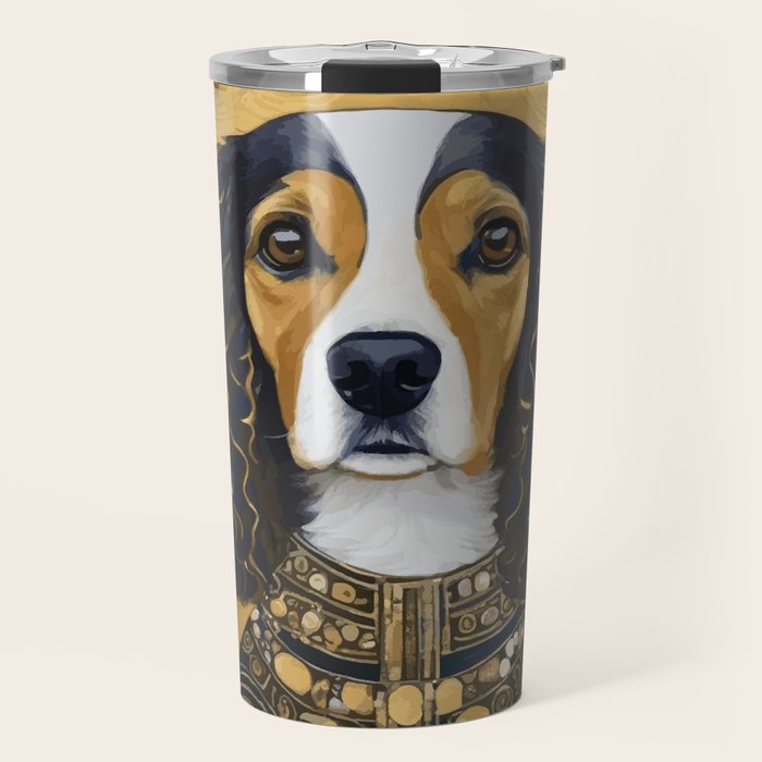 Gustav Klimt Style Beautiful Girl Dog with Black and Gold Jacket Travel Mug Gallery Image 1