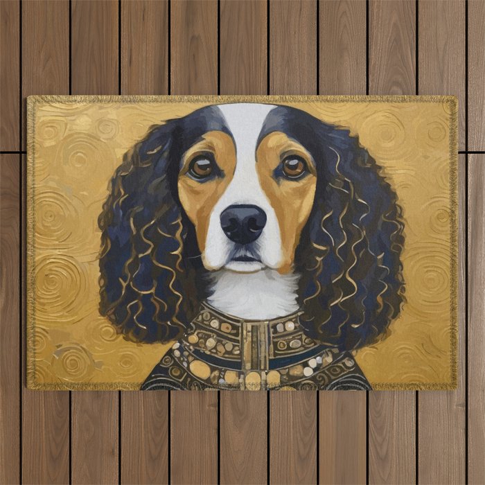 Gustav Klimt Style Beautiful Girl Dog with Black and Gold Jacket Outdoor Rug Gallery Image 1