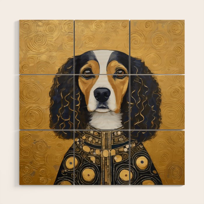 Gustav Klimt Style Beautiful Girl Dog with Black and Gold Jacket Wood Wall Art Gallery Image 1