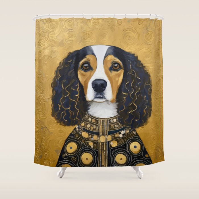 Gustav Klimt Style Beautiful Girl Dog with Black and Gold Jacket Shower Curtain Gallery Image 1