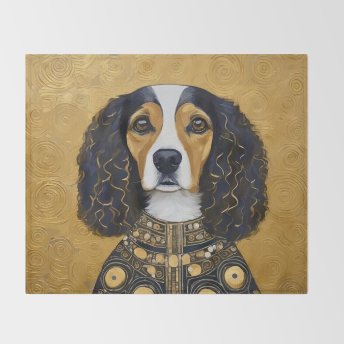 Gustav Klimt Style Beautiful Girl Dog with Black and Gold Jacket Throw Blanket Gallery Image 2
