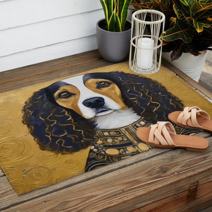Gustav Klimt Style Beautiful Girl Dog with Black and Gold Jacket Outdoor Rug Gallery Image 2