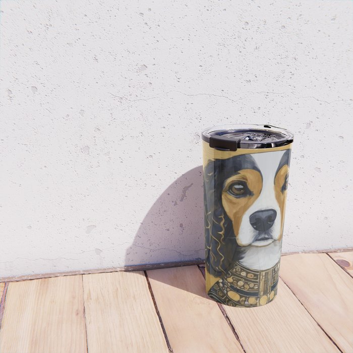 Gustav Klimt Style Beautiful Girl Dog with Black and Gold Jacket Travel Mug Gallery Image 4