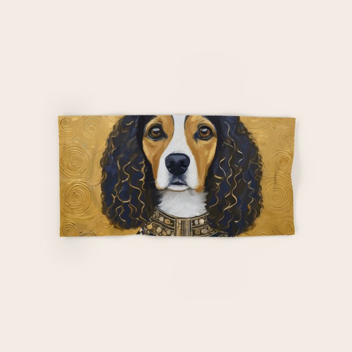 Gustav Klimt Style Beautiful Girl Dog with Black and Gold Jacket Bath Towel Gallery Image 1
