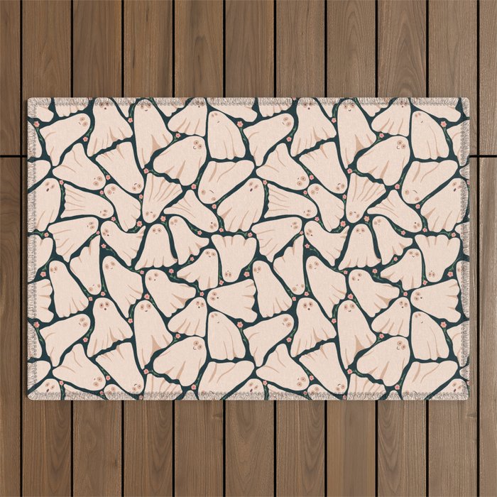 Little ghosts and flowers halloween pattern Outdoor Rug Gallery Image 1