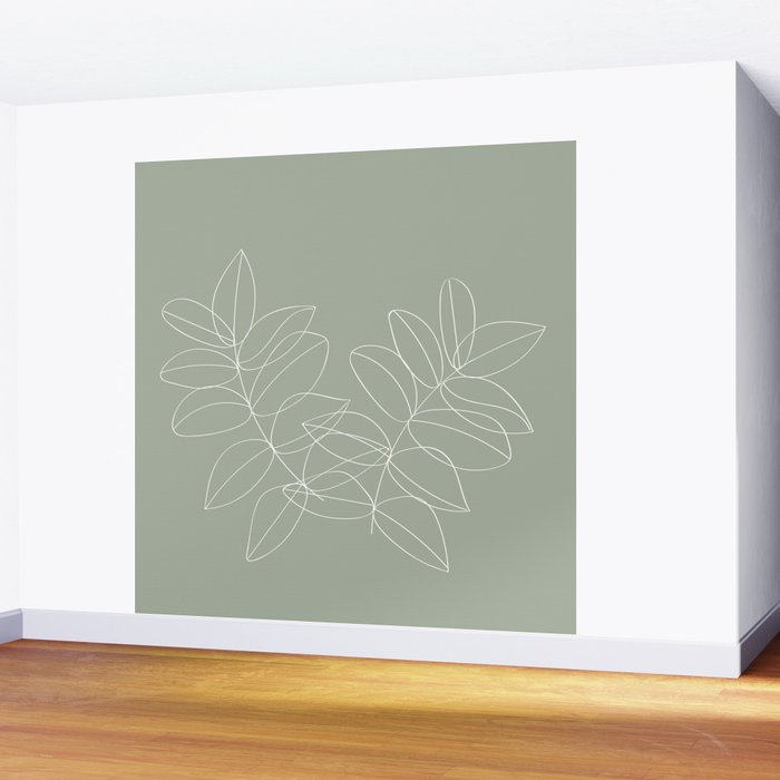 Boho Sage Green, Decor, Line Art, Botanical Leaves Wall Mural Gallery Image 2
