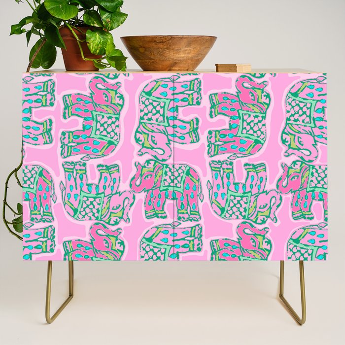 Elephant Block Print in Pink and Green Credenza Gallery Image 1