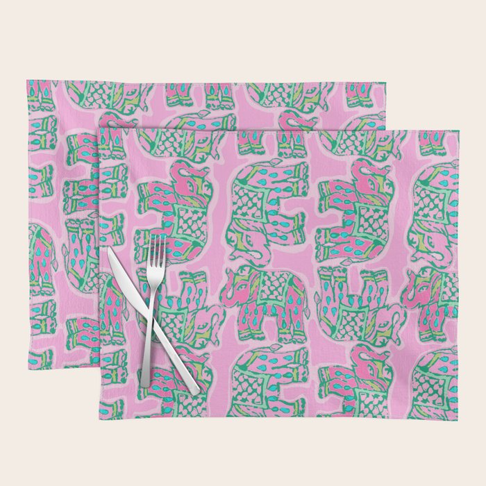 Elephant Block Print in Pink and Green Placemat Gallery Image 1