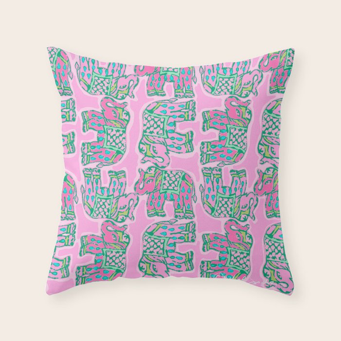 Elephant Block Print in Pink and Green Throw Pillow Gallery Image 6