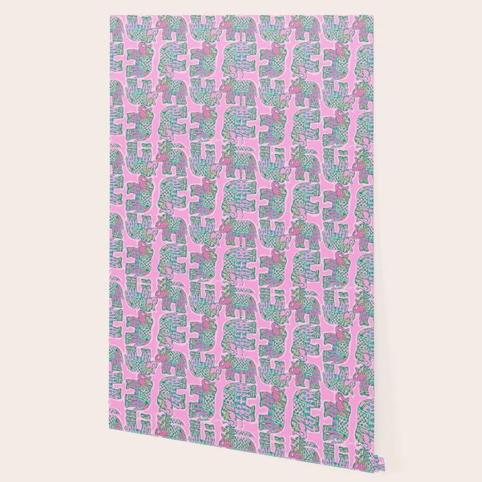 Elephant Block Print in Pink and Green Wallpaper Gallery Image 2