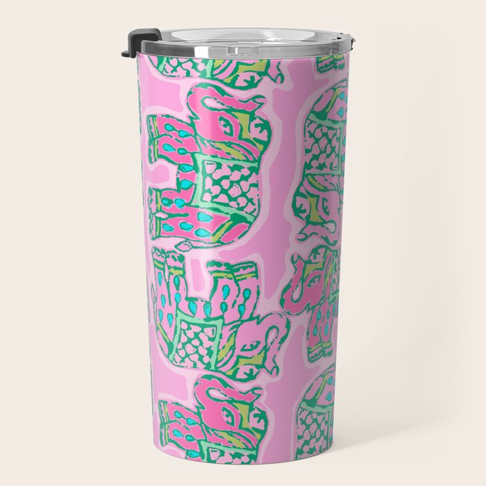 Elephant Block Print in Pink and Green Travel Mug Gallery Image 3