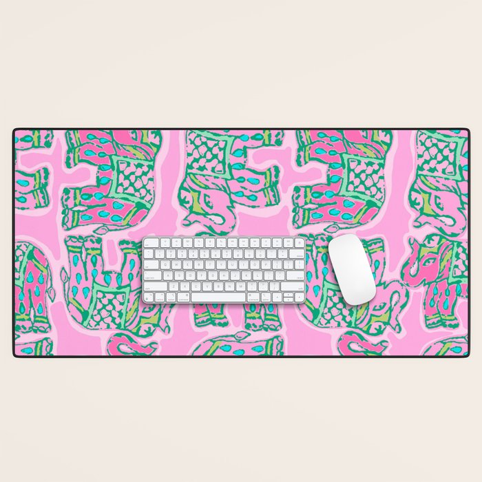 Elephant Block Print in Pink and Green Desk Mat Gallery Image 1