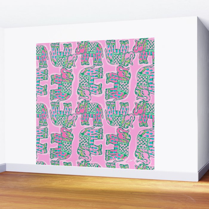 Elephant Block Print in Pink and Green Wall Mural Gallery Image 2