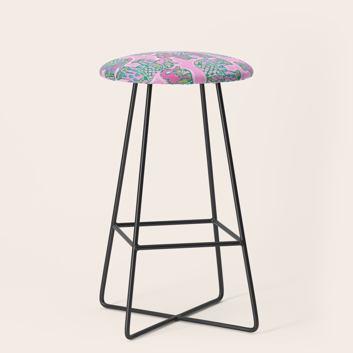 Elephant Block Print in Pink and Green Stool Gallery Image 1