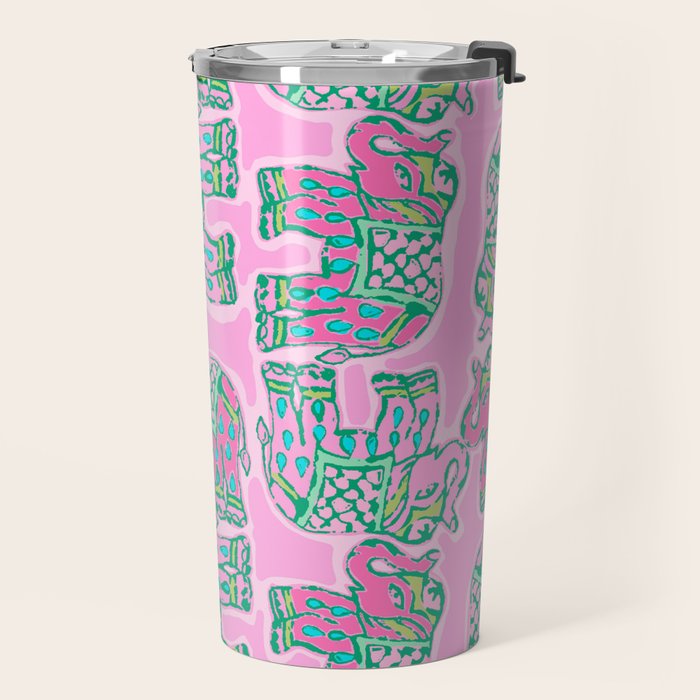 Elephant Block Print in Pink and Green Travel Mug Gallery Image 2