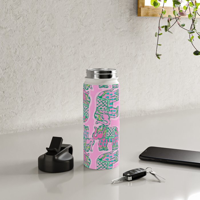 Elephant Block Print in Pink and Green Water Bottle Gallery Image 4