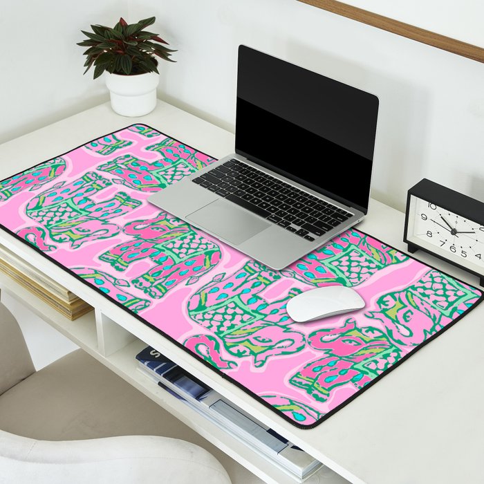 Elephant Block Print in Pink and Green Desk Mat Gallery Image 2