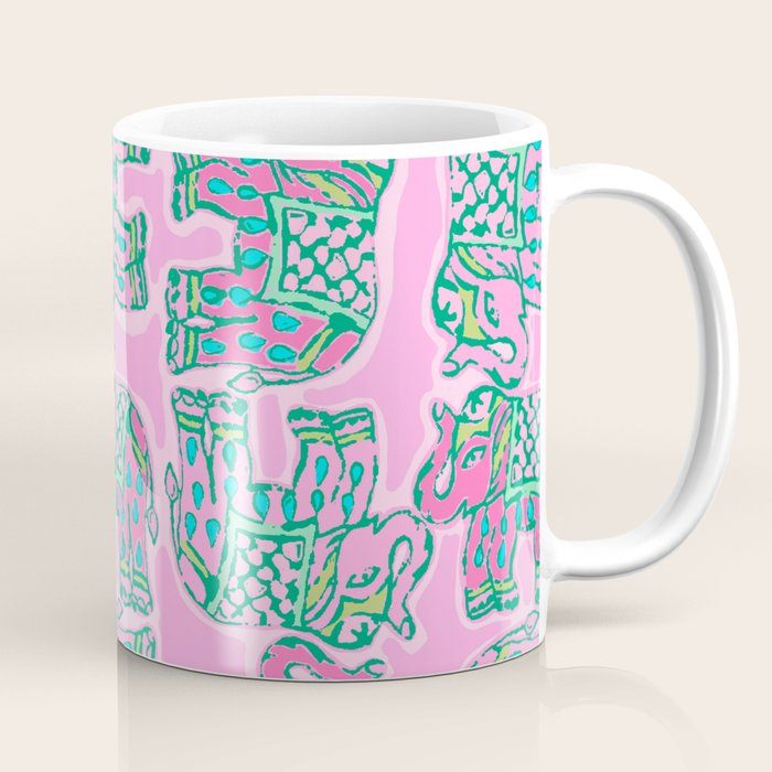 Elephant Block Print in Pink and Green Coffee Mug Gallery Image 1